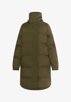 Oliivroheline puhvjakate kõrge kraega, täispika tõmblukuga, pika varrukaga ja soonikuga mansettidega. Sile tekstuur, põlvepikkune disain.