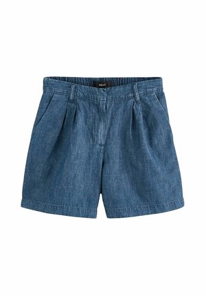 Short en denim bleu avec passants pour ceinture, plis devant, poches latérales et fermeture avant cachée.