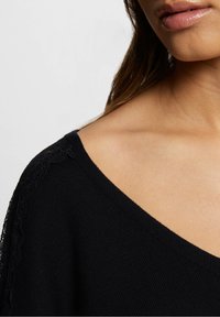 Primer plano del hombro y el cuello de una persona que lleva una blusa de punto negra con detalles de encaje en la manga, contra un fondo claro y liso.