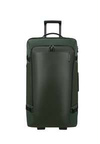 Borsa da viaggio con ruote verde, con esterno testurizzato, ampio scomparto con zip, doppi manici e cinturini regolabili ai lati.