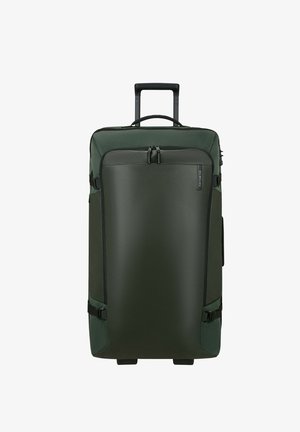 Green wheeled travel bag with a textured exterior, large zippered compartment, dual handles, and adjustable straps on the sides.