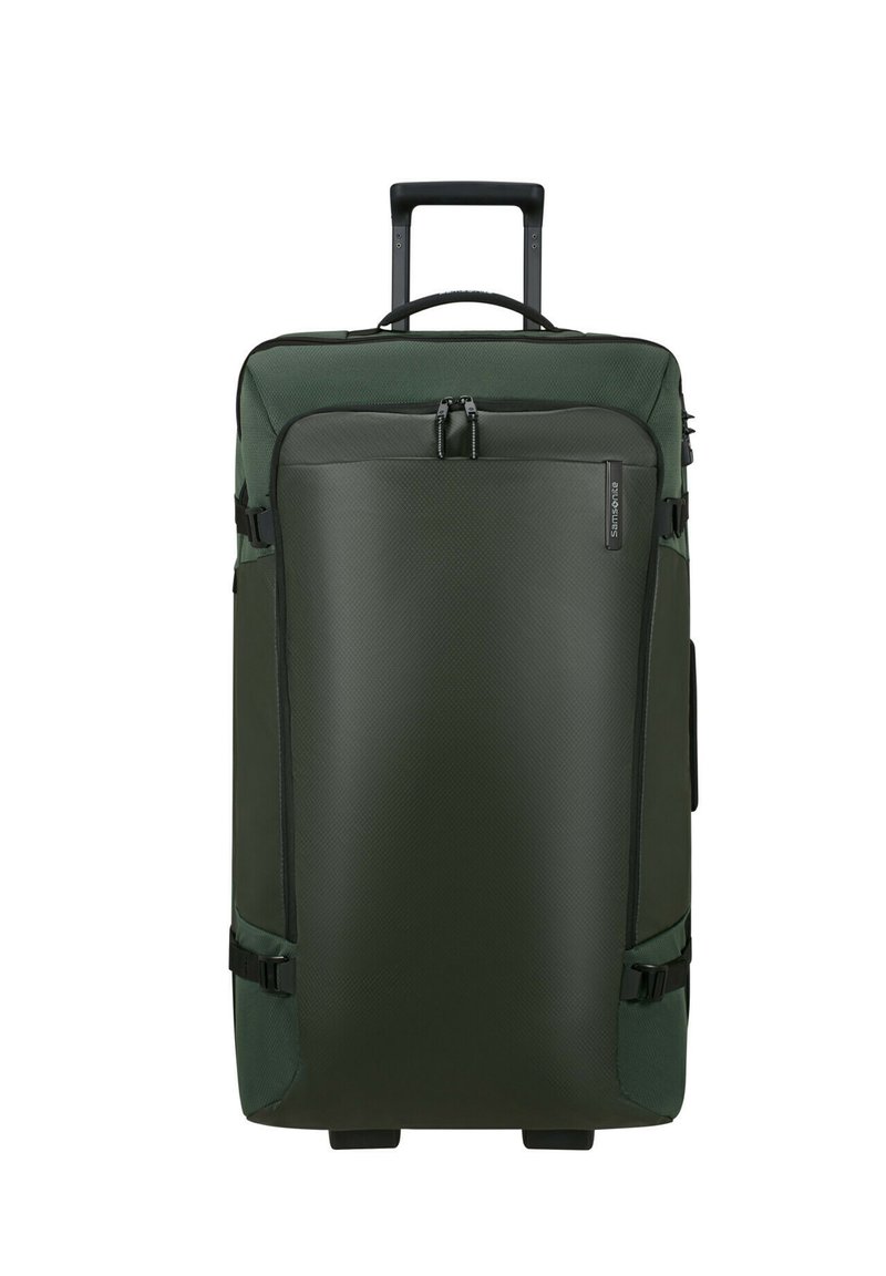 Borsa da viaggio con ruote verde, con esterno testurizzato, ampio scomparto con zip, doppi manici e cinturini regolabili ai lati.
