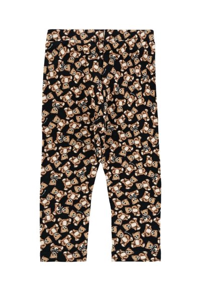 Leggings z czarnym tłem, ozdobione powtarzającym się wzorem brązowych misiów. Wykonane z miękkiego materiału, charakteryzują się wygodnym krojem.