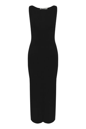 Black sleeveless dress with a fitted silhouette, made from a smooth fabric, featuring a boat neckline and a ankle-length hemline.