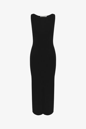 Schwarzes ärmelloses Kleid mit einer figurbetonten Silhouette, hergestellt aus einem glatten Stoff, mit einem Boot-Ausschnitt und einem knöchellangen Saum.