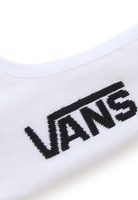 Weißer Stoff mit einem auffälligen schwarzen gestickten "VANS"-Logo; glatte Textur mit rundem Ausschnitt.