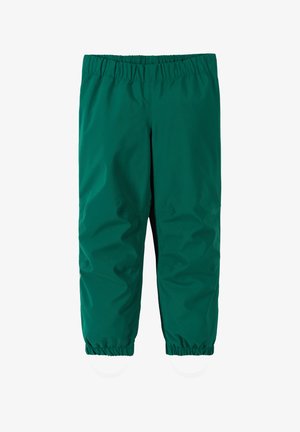 Grüne wasserdichte Hose mit elastischem Bund, umgekrempelten Knöcheln und glatter Textur. Merkmale sind ein einfaches Design und keine sichtbaren Muster.