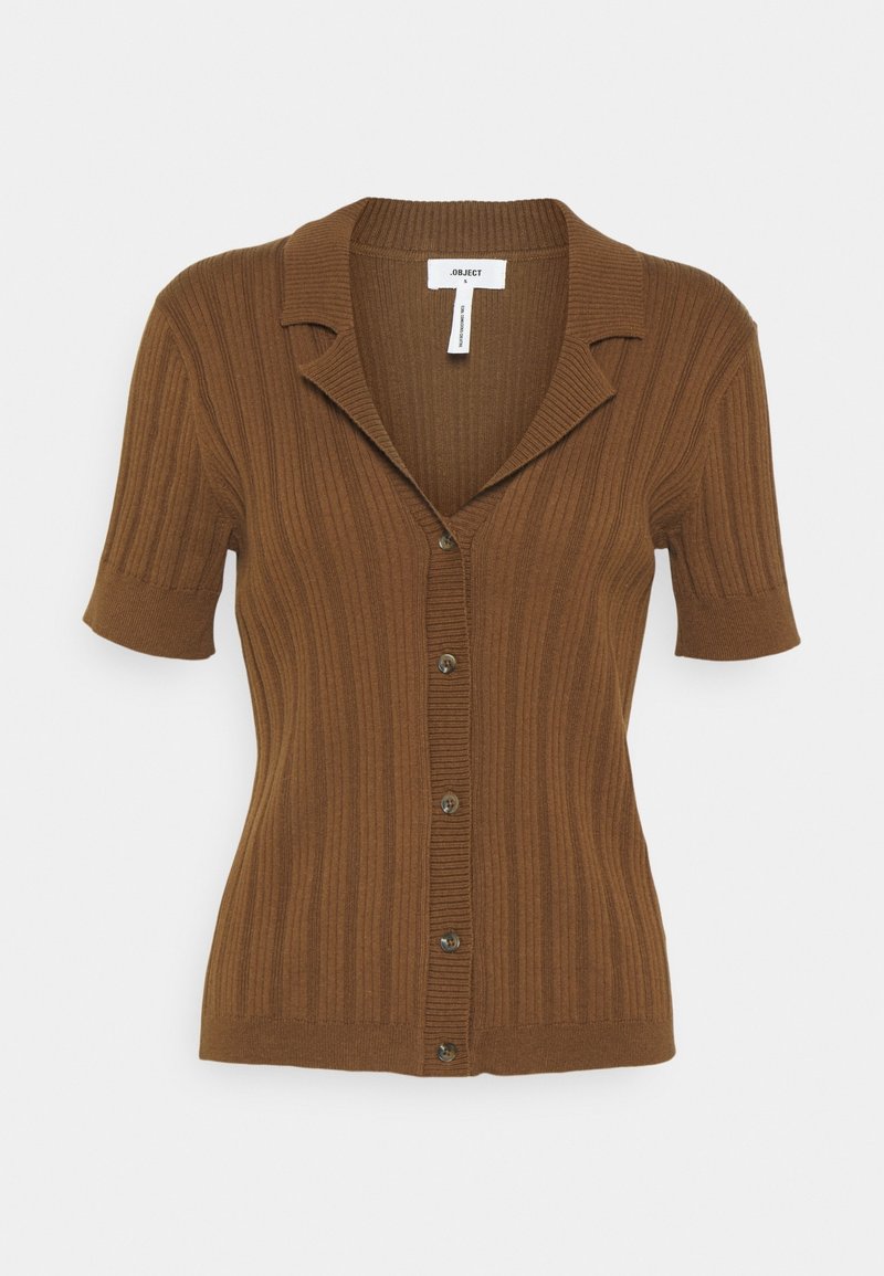 Cardigan marron à manches courtes côtelées avec col et cinq boutons sur le devant, en tissu tricoté.