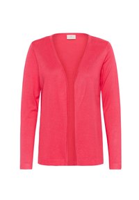 Roze cardigan met een V-hals, lange mouwen, open voorkant en een zachte, lichtgewicht textuur. Geen zichtbare sluitingen of patronen.
