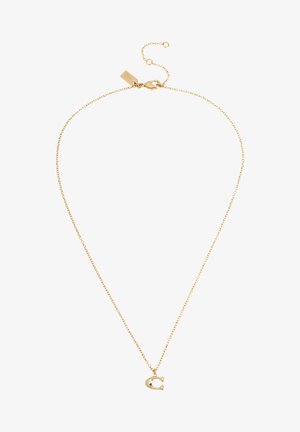 Collar de chain de oro con un pequeño encanto en forma de letra "C". La cadena tiene un diseño delicado con un cierre y longitud ajustable.