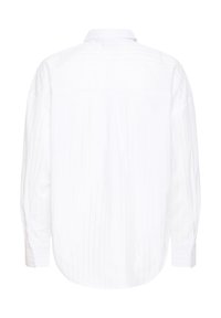 White long-sleeve shirt with light vertical stripes, button-down collar, and rounded hem. Features buttoned cuffs and soft fabric texture.