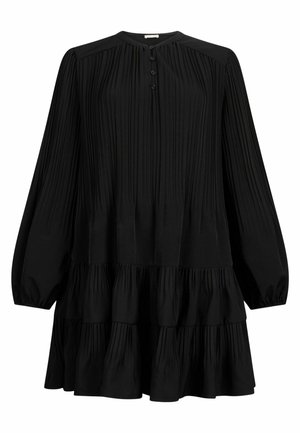 Schwarzes plissiertes Kleid mit langen Ärmeln, rundem Ausschnitt und Knopfdetails. Verfügt über einen gestuften Rüschensaum und weichen, strukturierten Stoff.