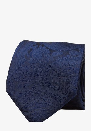 Tummansininen solmio, jossa on paisley-kuvio, ja joka on valmistettu teksturoidusta kankaasta. Kangas on sileä ja kiiltävä, ja siinä on rikkaita, tummia sävyjä.