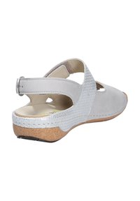 Light gray sandal with cut-out design, textured silver accent, cork sole, and adjustable back strap. Smooth upper material and flexible construction.