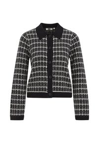 Čiernobiely károvaný kardigán s golierom, rebrovaným spodným lemom a manžetami, so šiestimi gombíkmi na zapínanie a textúrovanou pleteninou.