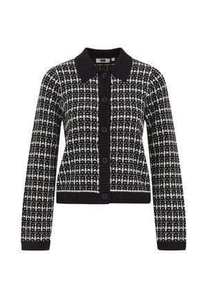 Cardigan în carouri alb-negru, cu guler cu rever, tiv și manșete ribbed, prevăzut cu �șase nasturi și țesătură tricotată texturată.