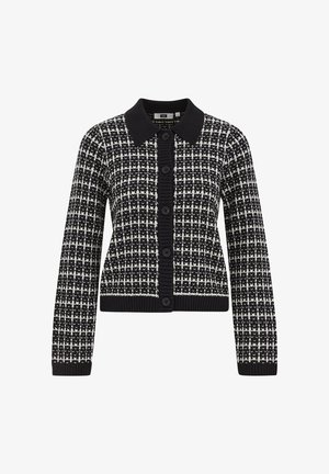 Juodas ir baltas languotas kardiganas su apykakle, ribotu apačia ir rankogaliais, su šešiomis sagomis ir tekstūruota megzta medžiaga.