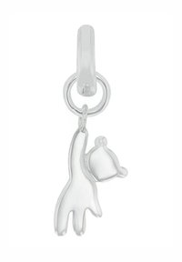 Silberanhänger mit einem erhabenen Hand-Design, das einen kleinen Hut hält. Die Oberfläche ist glatt mit einem glänzenden Finish, und die Gesamtform ist verspielt.
