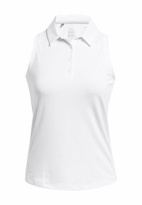 Sleeveless white polo shirt made of smooth fabric, featuring a collared neckline and three button placket. Simple, clean design without patterns.