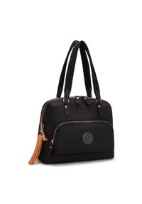 Black nylon handbag with dual top handles, rose gold hardware, front zip pocket, and decorative tan tassel accent. Smooth texture.