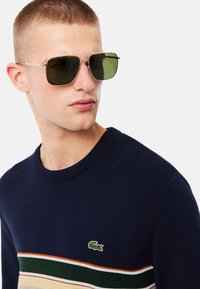 Gafas de sol con lentes verdes y montura metálica rectangular. Se llevan con un suéter azul marino con rayas horizontales en verde, naranja y crema.