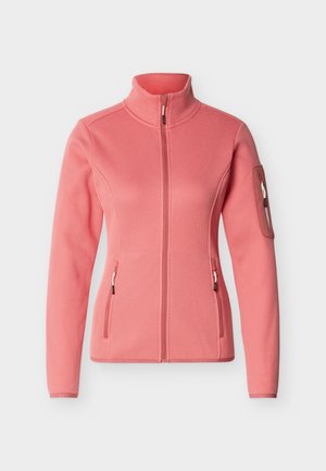 Lyserød tekstureret jakke med lynlås og høj krave, to forlommer med lynlås og en lille lynlåslomme på den øverste venstre ærme.