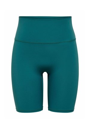 High-waisted teal fietsbroekjes met een gladde, rekbare stof en minimale naadafwerking.