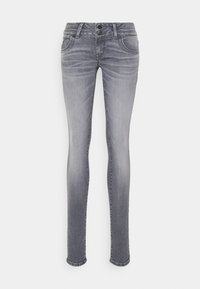 Slanke jeans i lys grå denim, med dobbel knappelukking, frontlommer og en svak falmeeffekt på stoffet.