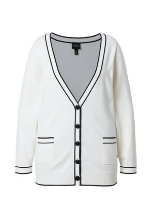 Witte button-up cardigan met zwarte bies langs de randen, halslijn, manchetten, zakken en zoom, voorzien van twee voorzakken en lange mouwen.
