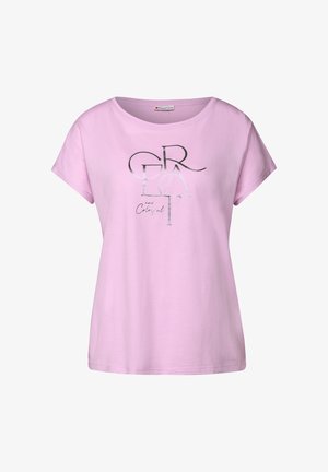 Roze katoenen T-shirt met korte mouwen, ronde hals en een zilveren graphic print met de tekst "GREAT and Colorful." Soepele textuur, relaxte pasvorm.
