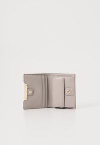 Grey leather wallet with a smooth texture, featuring multiple card slots, a coin pocket, and gold-tone hardware detailing.