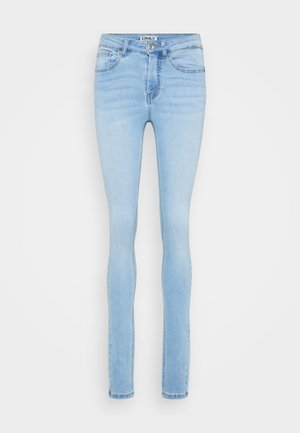 Hellblaue Skinny-Jeans mit hoher Taille, ausgestattet mit fünf Taschen, dezenten Waschungen und einer glatten Denim-Oberfläche.