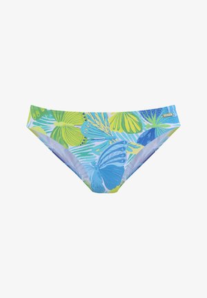 Bikini-Höschen mit floralem und Schmetterlingsdruck in Blau- und Grüntönen. Hergestellt aus elastischem Stoff mit einem niedrigen Bund.