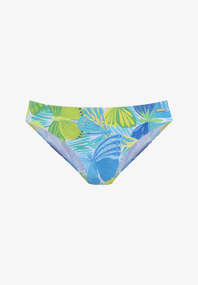 Bikini-Höschen mit floralem und Schmetterlingsdruck in Blau- und Grüntönen. Hergestellt aus elastischem Stoff mit einem niedrigen Bund.