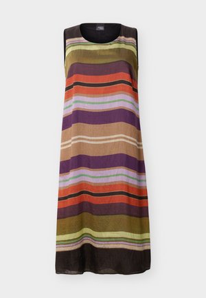 Sleeveless knee-length dress with horizontal stripes in olive, purple, orange, black, tan, and light green shades on textured fabric.