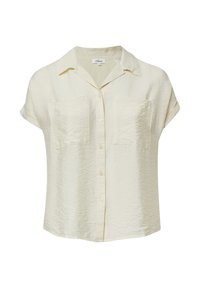 Korte mouw, lichtgele blouse van gekreukt materiaal, met een knoopsluiting aan de voorkant en twee borstzakken. Soepele textuur en een relaxte pasvorm.