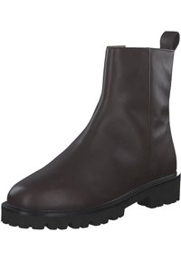 Bruin leren enkellaars met een gladde afwerking, spitse neus en stevige zwarte rubberen zool. Voorzien van een treklipje voor gemakkelijk aan- en uittrekken.
