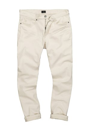 Jasnokremowe dżinsy o gładkiej fakturze, slim fit, pięć kieszeni, zapięcie na guzik i zamek błyskawiczny oraz podwinięte mankiety. Posiadają subtelne przetarcia na materiale.