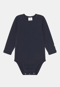Pitkähihainen tumman laivastonsininen puuvillabody, jossa on nepparit olkapäillä ja alhaalla, pyöreä kaula-aukko ja viimeistellyt helmat. Pehmeä rakenne.