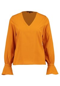 Pitkähihainen, V-pääntiöinen paita kirkkaan oranssista kankaasta, jossa on kerrokselliset, levenevät hihansuut ja sileä pinta. Yksinkertainen, rento muoto ilman kuvioita.