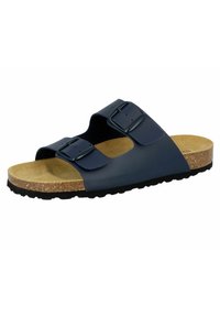Navy blue open-toe sandals with two adjustable buckles, cork footbed, and textured black rubber sole for grip.