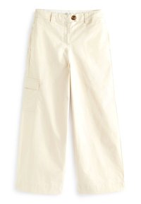 Brede lichtbeige cargobroek van katoen, met zijzakken, een knoopsluiting aan de voorkant en opgerolde zomen. Soepele textuur.
