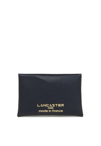 Porta carte in pelle blu navy con la scritta "LANCASTER PARIS made in France" impressa in oro sul davanti.