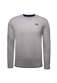 Felpa grigia con maniche lunghe, collo rotondo e dettagli a costine blu navy al colletto e all'orlo. Presenta un piccolo logo ricamato rosso.