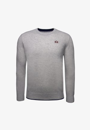 Šedá mikina s dlouhými rukávy, kulatým výstřihem a vroubkovaným námořnickým detailem na límci a lemu. Obsahuje malé červené vyšívané logo.