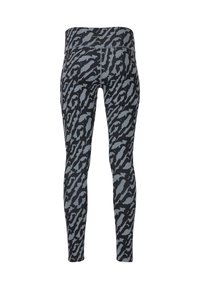 Mustat legginssit, joissa on harmaa abstrakti eläinkuvio. Korkeavyötäröinen muotoilu, jossa on sileä pinta ja joustava vyötärönauha. Täyspitkä istuvuus.