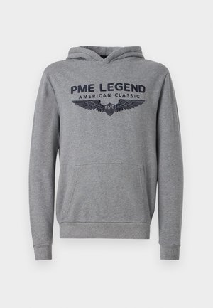 Grå hættejakke med en front kangaroo-lomme, snoretræk i hætten og et trykt design med "PME LEGEND" og vinger i mørkeblå.