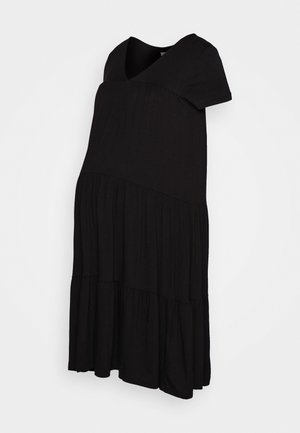 Schwarzes Umstandskleid mit kurzen Ärmeln, V-Ausschnitt und gestuftem Rock, entworfen für Komfort und Stil.