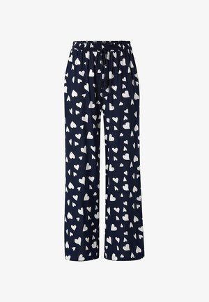 Pantalones azul marino con patrón de corazones blancos, corte relajado, cinturilla elástica con cordón, tela suave, diseño de pierna ancha, sin bolsillos.