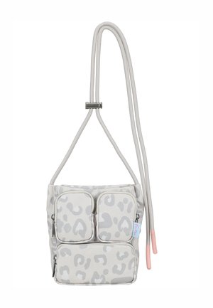Light gray crossbody bag with leopard print, three zippered compartments, and adjustable rope strap with metal slider and pink plastic ends.